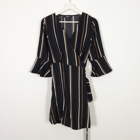 Lulus Black Striped Wrap Mini Dress - Picture 1 of 11